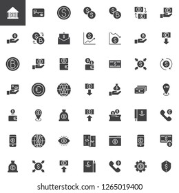 Money exchange vector icons set, modern solid symbol collection, filled style pictogram pack. Signs, logo illustration. Set includes icons as Bank, Credit card, Dollar and Euro currency exchange rate