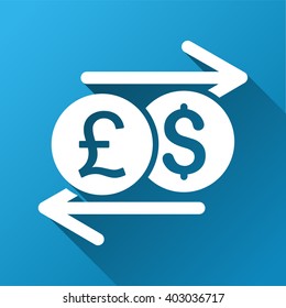 Money Exchange vector toolbar icon for software design. Style is a white symbol on a square blue background with gradient long shadow.