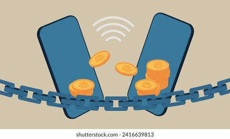 Money is exchanged between mobile phones.
They are kept safe with chains.