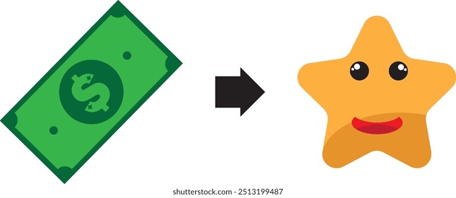 Dinero cambiado por una estrella con una cara sonriente, que simboliza la recompensa y la felicidad. Ideal para conceptos financieros y temas de reconocimiento.