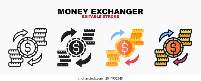 Juego de iconos de Money Exchange con estilos diferentes. Iconos diseñados en color relleno, contorno, plano, glifo y línea. Actrazo editable y píxel perfecto. Se puede usar para web, móvil, ui y más.