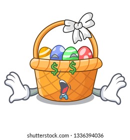 Money eye easter basket above wooden cartoon table