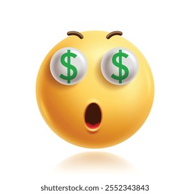 Dinero ojos emoji Clipart 3d personaje. Carácter de cara de emoji en rico, signo de dólar, riqueza, sorprendido, felicidad y sorpresa expresión facial elemento gráfico icono amarillo. ojos de dinero de Ilustración vectorial 