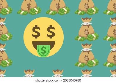 Money Face Emoji Amid Dollars Bags On Blue Background Copy Space,vector Illustration