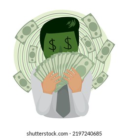 A money face man who smells of banknotes, Man greedy concept, illustrator vector cartoon drawing image painting
