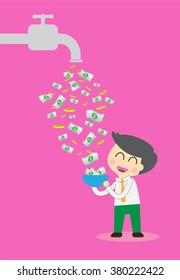 Money fall out of faucet. businessman open faucet. Bulb Idea concept. lamp, lantern, light