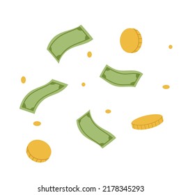 Money falling. Falling banknotes. Wealth money denominations rain. Flat graphic vector illustration