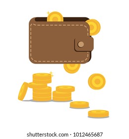 Money falling from brown wallet on white background