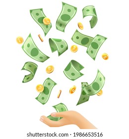 Money Falling To Hands. Cartoon Dollars Fall From Sky, Catch Blessing, Currency Financing For Business Vector Illustration On White Background