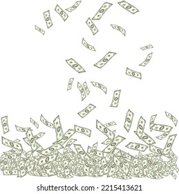 Money falling illustration. Dollar bill flowing. Rich income. Pile of Cash. Notes stockpile. Vector illustration. Transparent PNG.