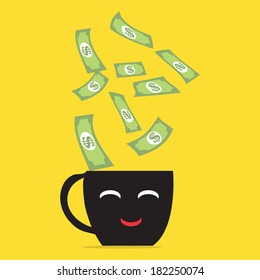 Money falling on coffee cup.