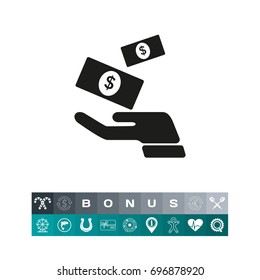 Money falling on hand simple icon