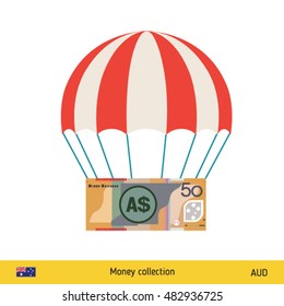 Money falling in parachutes down . Australian Dollar banknote vector illustration.