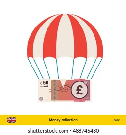 Money falling in parachutes down . British Pound banknote vector illustration.