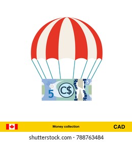 Money falling in parachutes down . Canadian dollar banknote vector illustration.