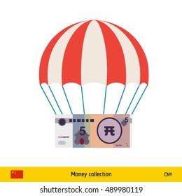 Money falling in parachutes down . Chinese Yuan banknote vector illustration.