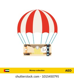 Money falling in parachutes down . Dirham banknote vector illustration.