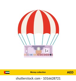 Money falling in parachutes down . Dirham banknote vector illustration.
