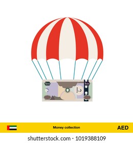 Money falling in parachutes down . Dirham banknote vector illustration.