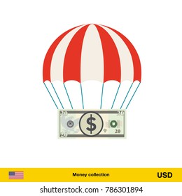 Money falling in parachutes down . Dollar banknote vector illustration.
