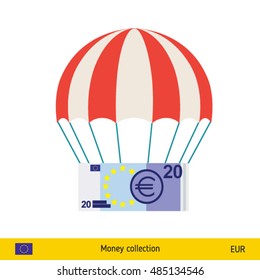 Money falling in parachutes down . Euro banknote vector illustration.