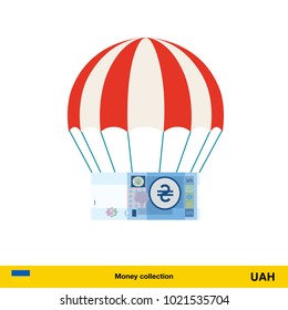 Money falling in parachutes down .  hryvnia banknote vector illustration.