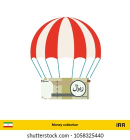 Money falling in parachutes down . Iranian rial banknote vector illustration.


