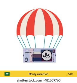 Money falling in parachutes down . Saudi Arabian Riyal banknote vector illustration.