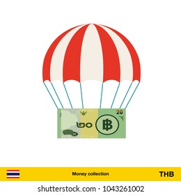 Money falling in parachutes down . Thai baht banknote vector illustration.