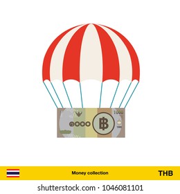 Money falling in parachutes down . Thai baht banknote vector illustration.