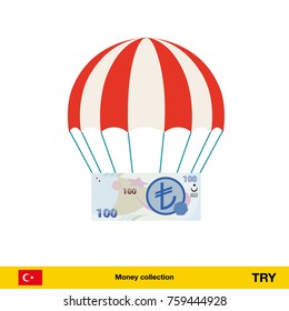 Money falling in parachutes down . Turkey lira banknote vector illustration.

