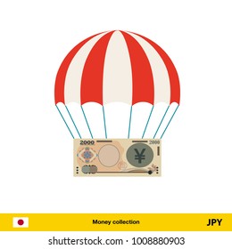 Money falling in parachutes down . Yen banknote vector illustration.