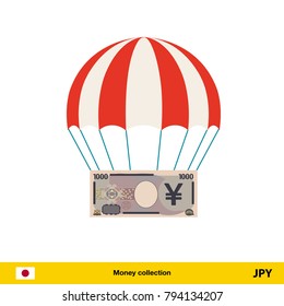 Money falling in parachutes down . Yen banknote vector illustration.