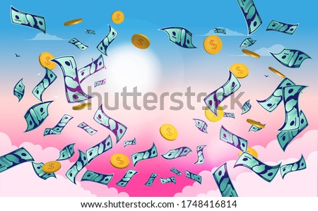Money falling from the sky - Dollar bills and coins blowing in the wind with clouds and sun in background. Pennies from heaven, easy money, wealth and rich concept. Vector illustration. 