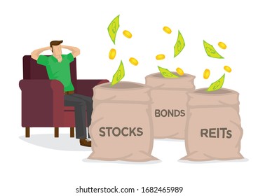 Money falling from the sky into three sacks of stocks, bonds and REITS while resting on a chair. Concept of passive income or investment gain. Vector illustration.