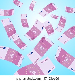 Money falling from sky on blue background. 500 Euro banknotes falling. Vector Illustration.