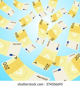 Money falling from sky on blue background. 200 Euro banknotes falling. Vector Illustration.