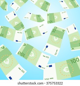 Money falling from sky on blue background. 100 Euro banknotes falling. Vector Illustration.