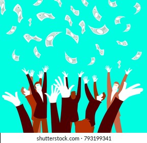 Money money falling from the sky. An unexpected pleasure. Hands catching money. Vector illustration