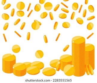 Money is falling, a stack of coins. Gold metal coins fall from top to bottom, a big pile of money, the concept of jackpot, win, good luck. Flat modern vector illustration isolated on white background.