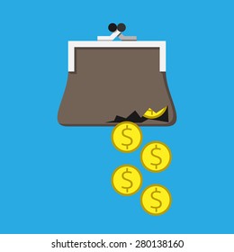 Money falling through hole in torn purse. Bad budget management, overspending, costs, expenses, losses, poverty concept. EPS 10 vector illustration, no transparency