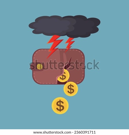 Money falling through hole in torn wallet. Bad budget management, illustration vector cartoon EPS 10.
