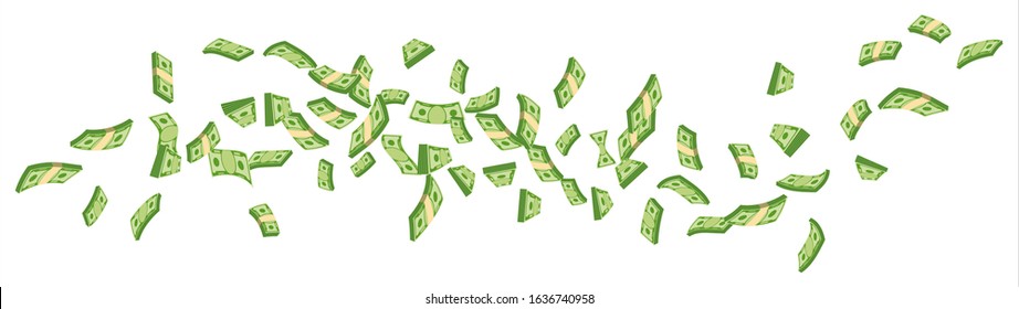 Money falls from above and piles. Banknotes, bills fly, gold coins. Flat vector cartoon money illustration. Objects isolated on a white background.