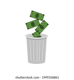 Money falls into the trash can. Throw green dollars, bills, banknotes in the trash. Vector flat cartoon illustration isolated on white background, eps 10.