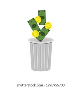 Money falls into the trash. Throw coins and bills, dollars into the trash can. Vector flat cartoon illustration isolated on white background, eps 10.