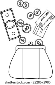 El dinero cae en la cartera. Vector simple ilustración de beneficios, ingresos. Dólares, billetes y monedas
