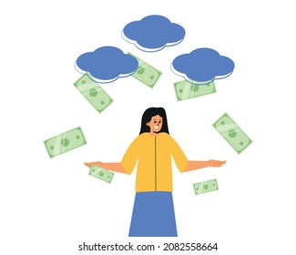 Money Falls On The Girl's Head. Bills Fall From The Sky From The Clouds. A Rain Of Money. The Girl Gets The Money. Vector Illustration