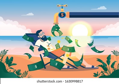 Money faucet - Man on beach enjoying a pile of money raining down from water faucet. Open valve with dollar bills, beautiful view with sunrise in background. Passive income, salary & profits concept.