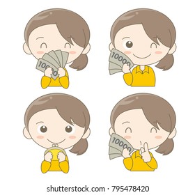 Money and female facial expression set