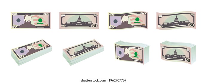 Money. Fifty dollar bills. Dollars banknotes from front and reverse side. Dollar's banknotes set. Vector illustration